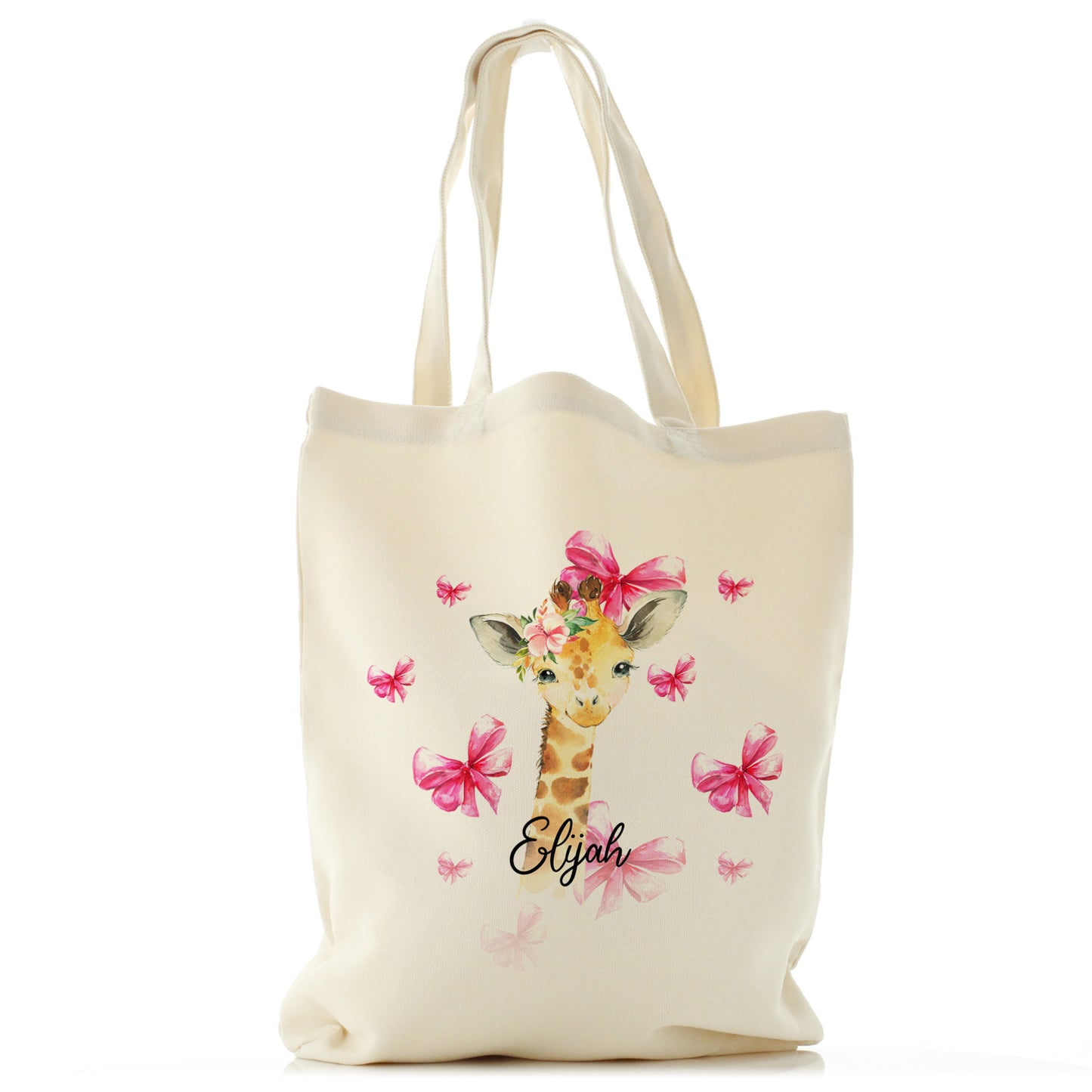 Personalised Canvas Tote Bag with Giraffe Pink Bows and Cute Text