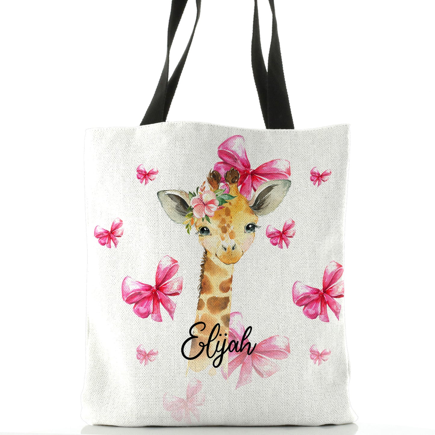 Personalised White Tote Bag with Giraffe Pink Bows and Cute Text
