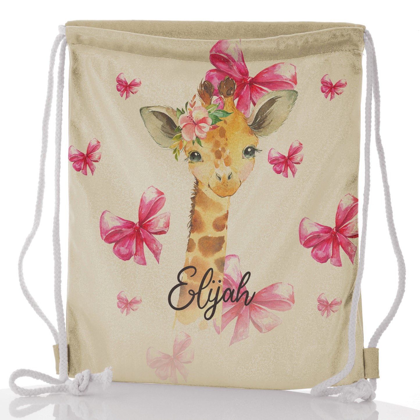 Personalised Glitter Drawstring Backpack with Giraffe Pink Bows and Cute Text
