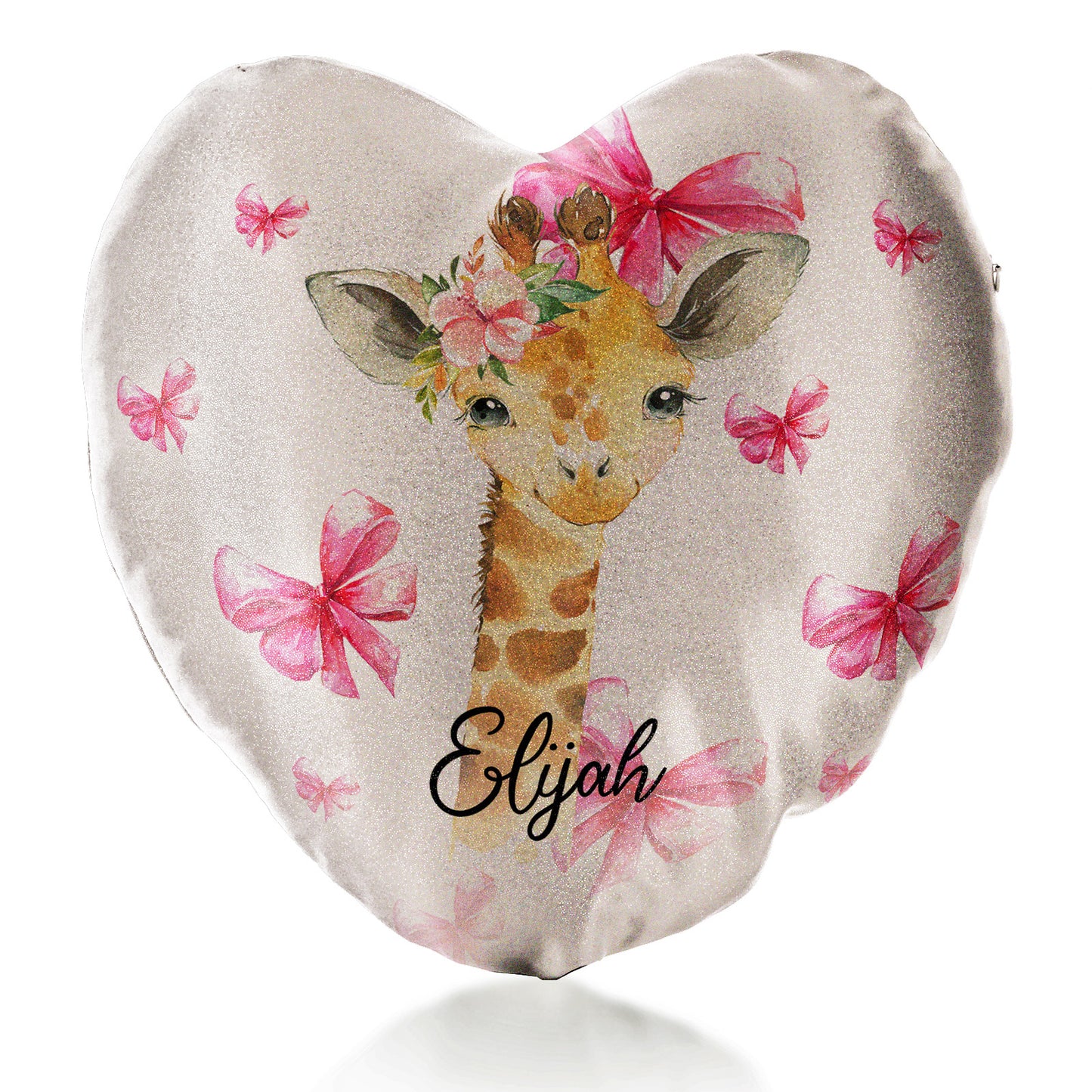Personalised Glitter Heart Cushion with Giraffe Pink Bows and Cute Text