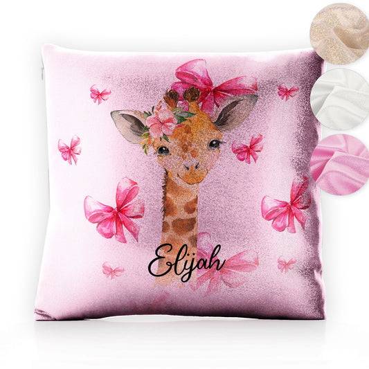 Personalised Glitter Cushion with Giraffe Pink Bows and Cute Text