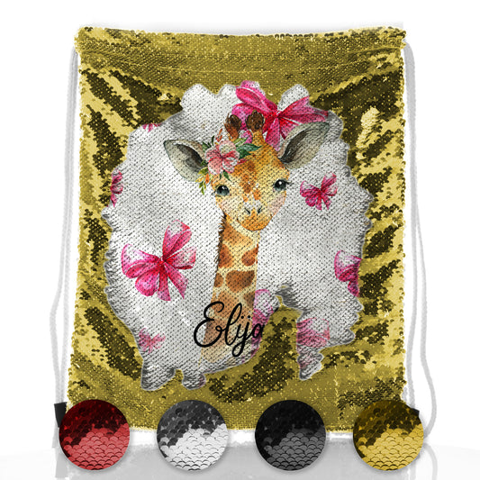 Personalised Sequin Drawstring Backpack with Giraffe Pink Bows and Cute Text