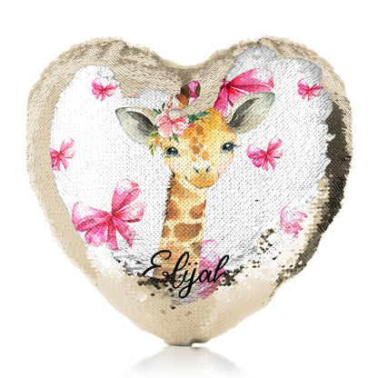 Personalisiertes Pailletten-Herzkissen mit rosa Giraffenschleifen und süßem Text
