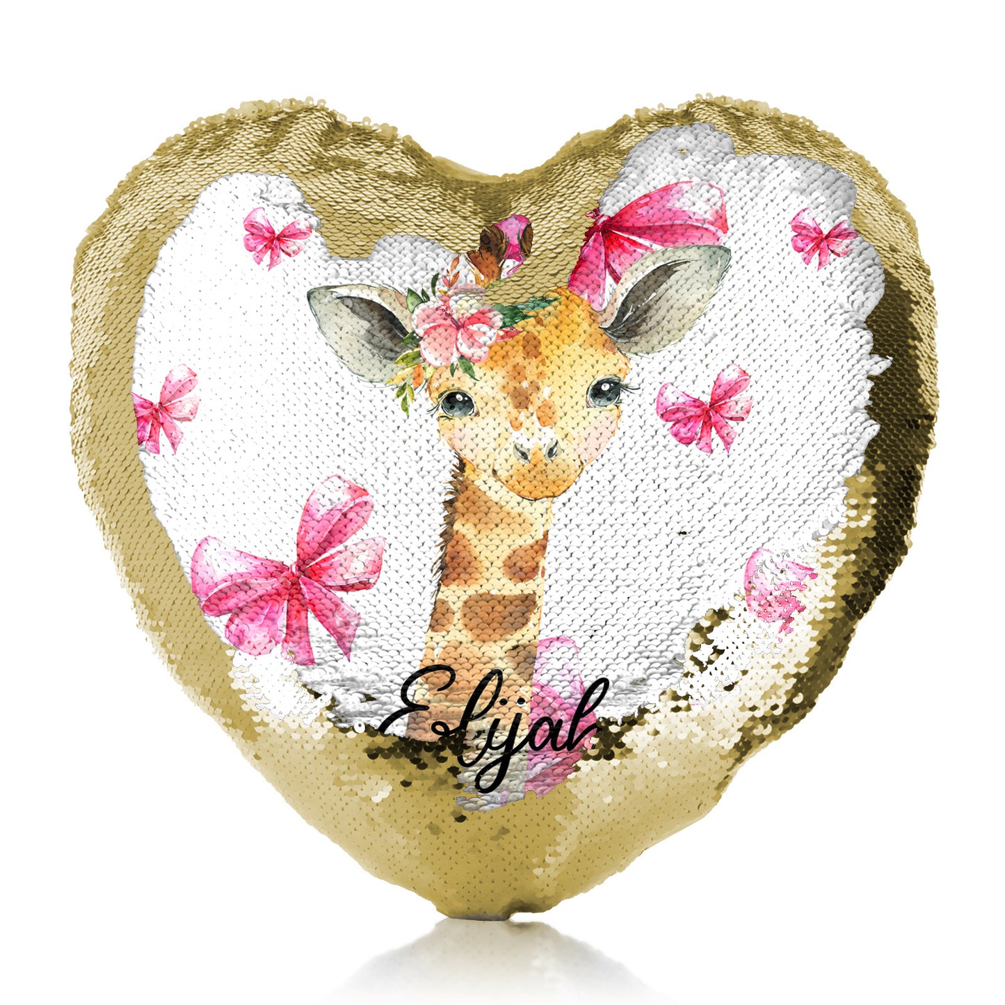 Personalised Sequin Heart Cushion with Giraffe Pink Bows and Cute Text