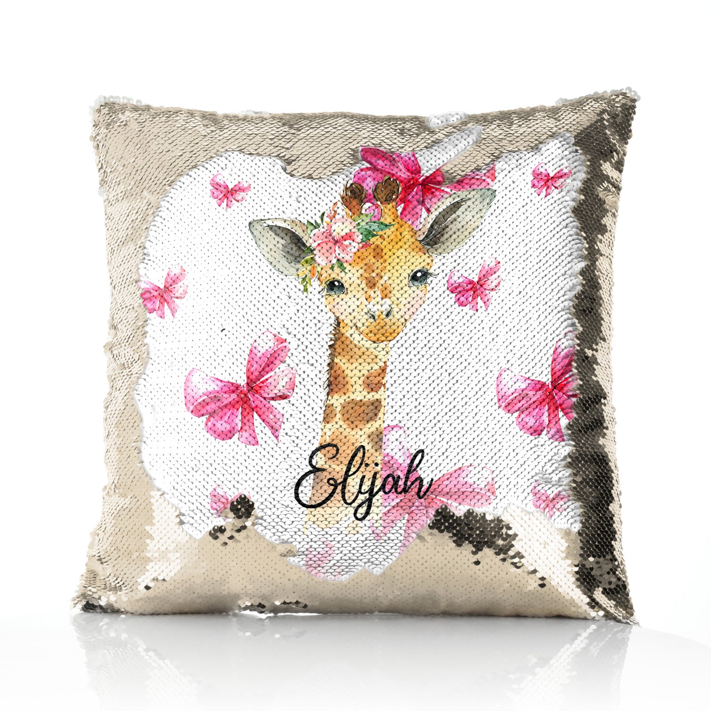 Personalised Sequin Cushion with Giraffe Pink Bows and Cute Text
