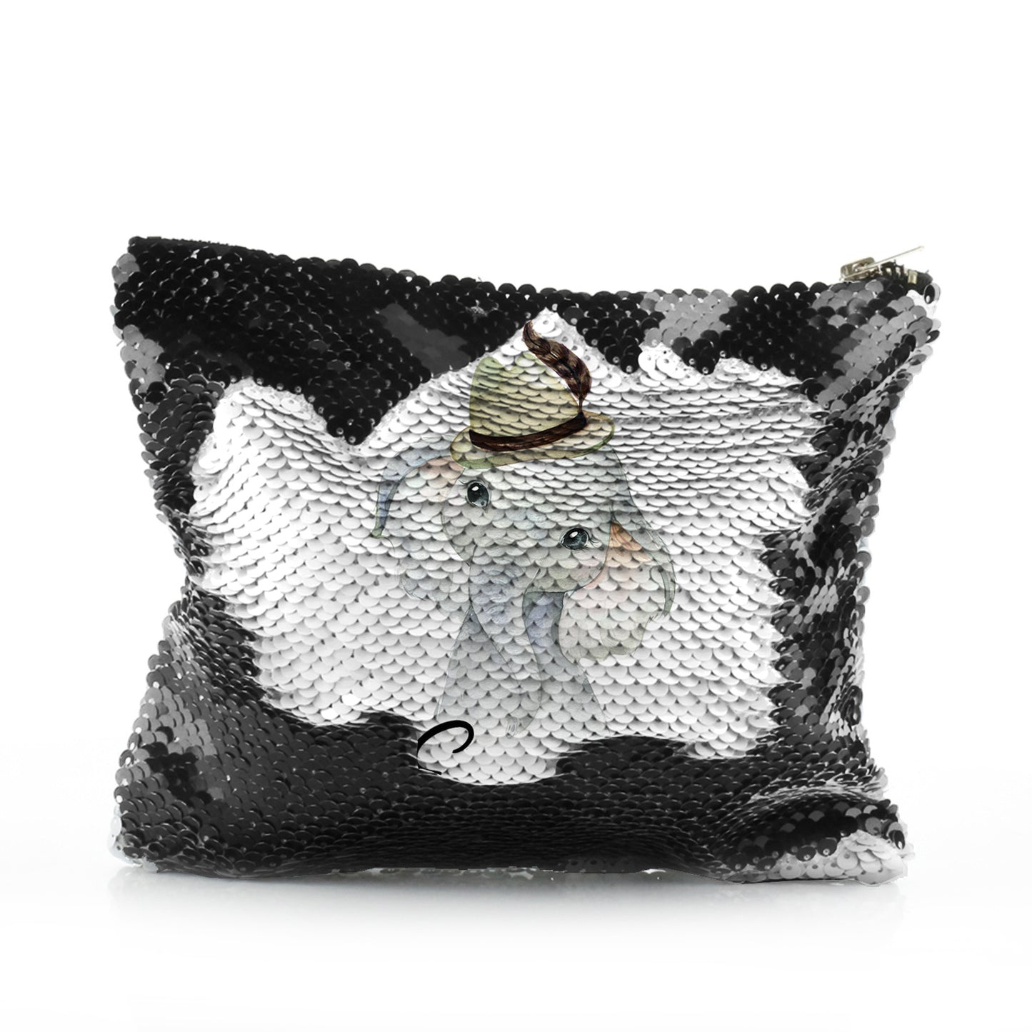 Personalisierte Pailletten-Reißverschlusstasche mit grauem Elefantenfederhut und süßem Text