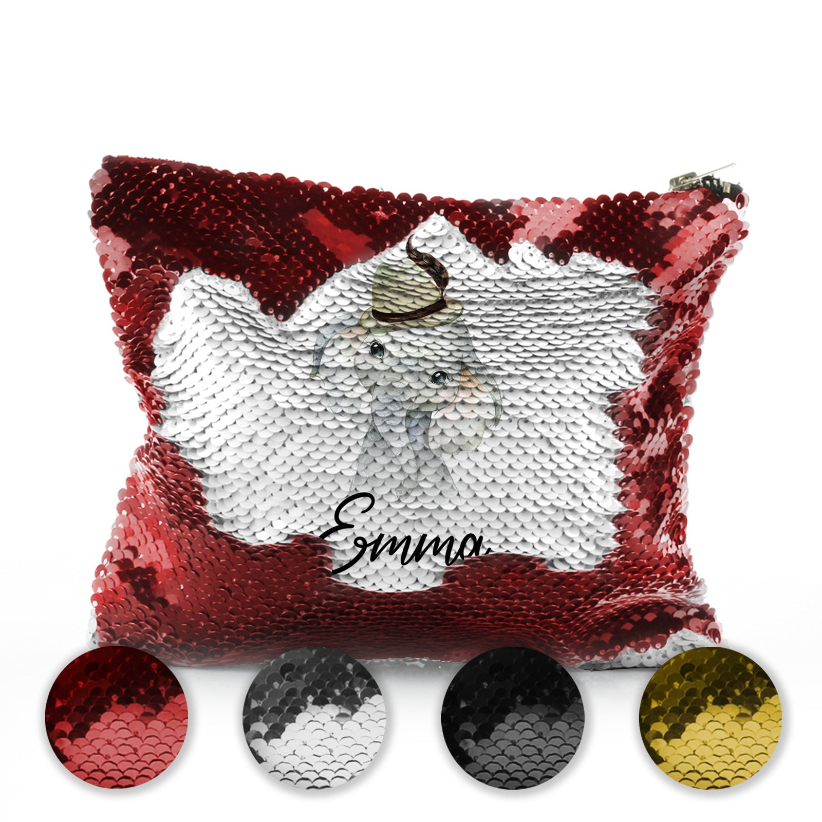 Personalised Sequin Zip Bag with Grey Elephant Feather Hat and Cute Text
