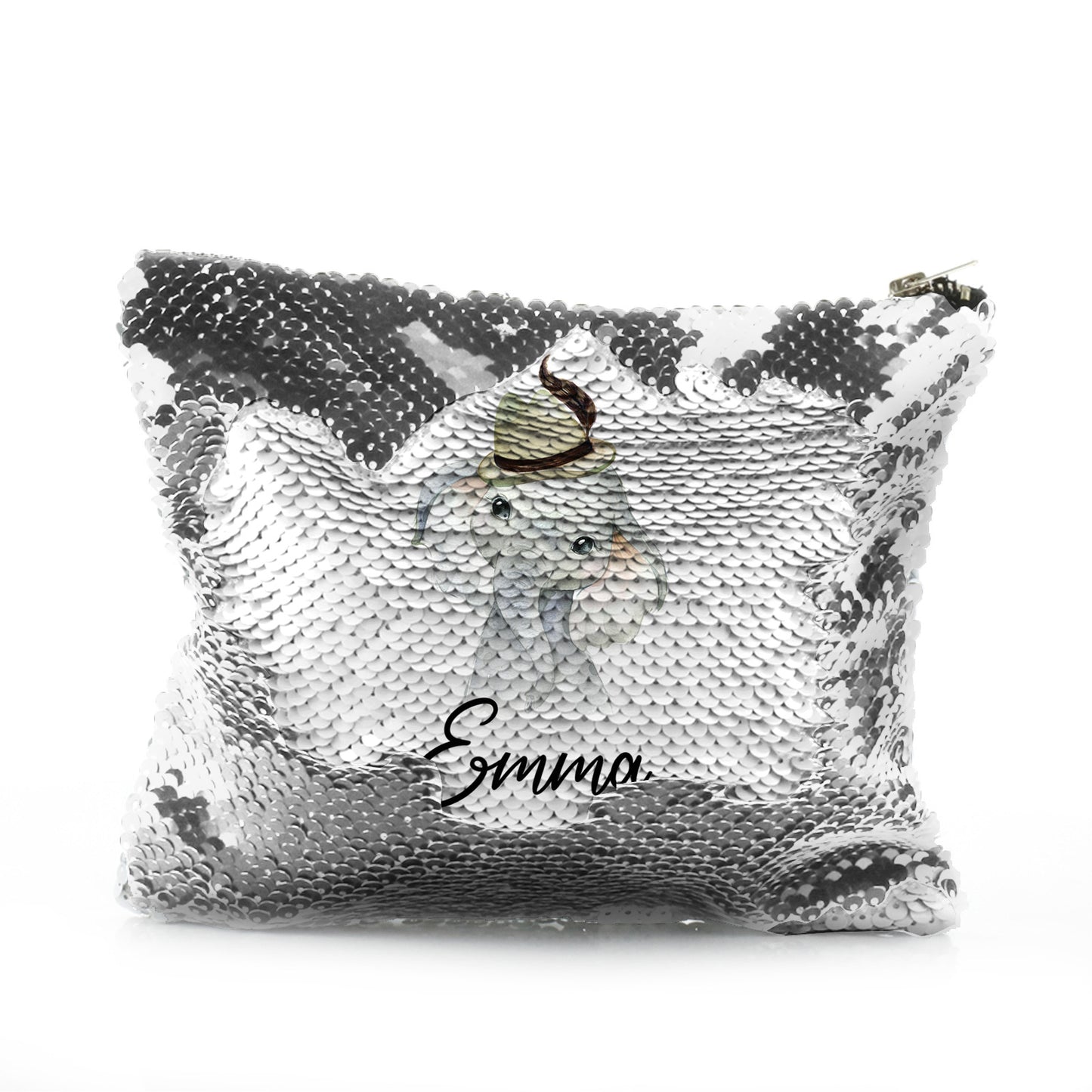 Personalised Sequin Zip Bag with Grey Elephant Feather Hat and Cute Text