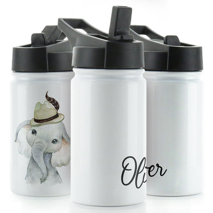 Personalised Elephant Feather Hat and Name White Sports Flask