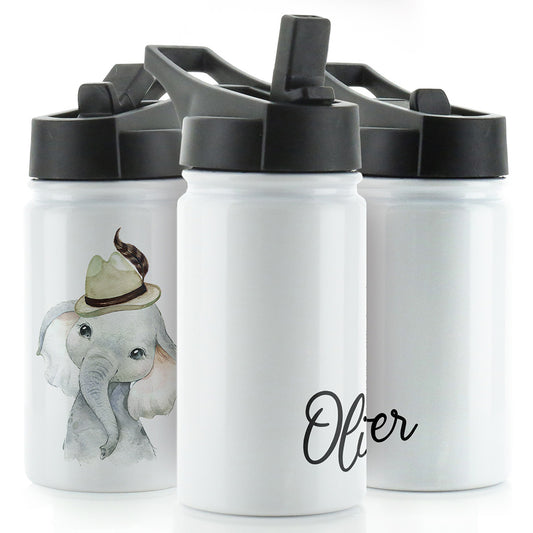 Personalisierter Elefanten-Federhut und Name, weiße Sportflasche