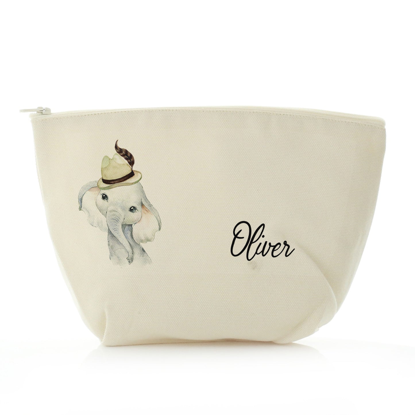 Personalised Canvas Zip Bag with Grey Elephant Feather Hat and Cute Text