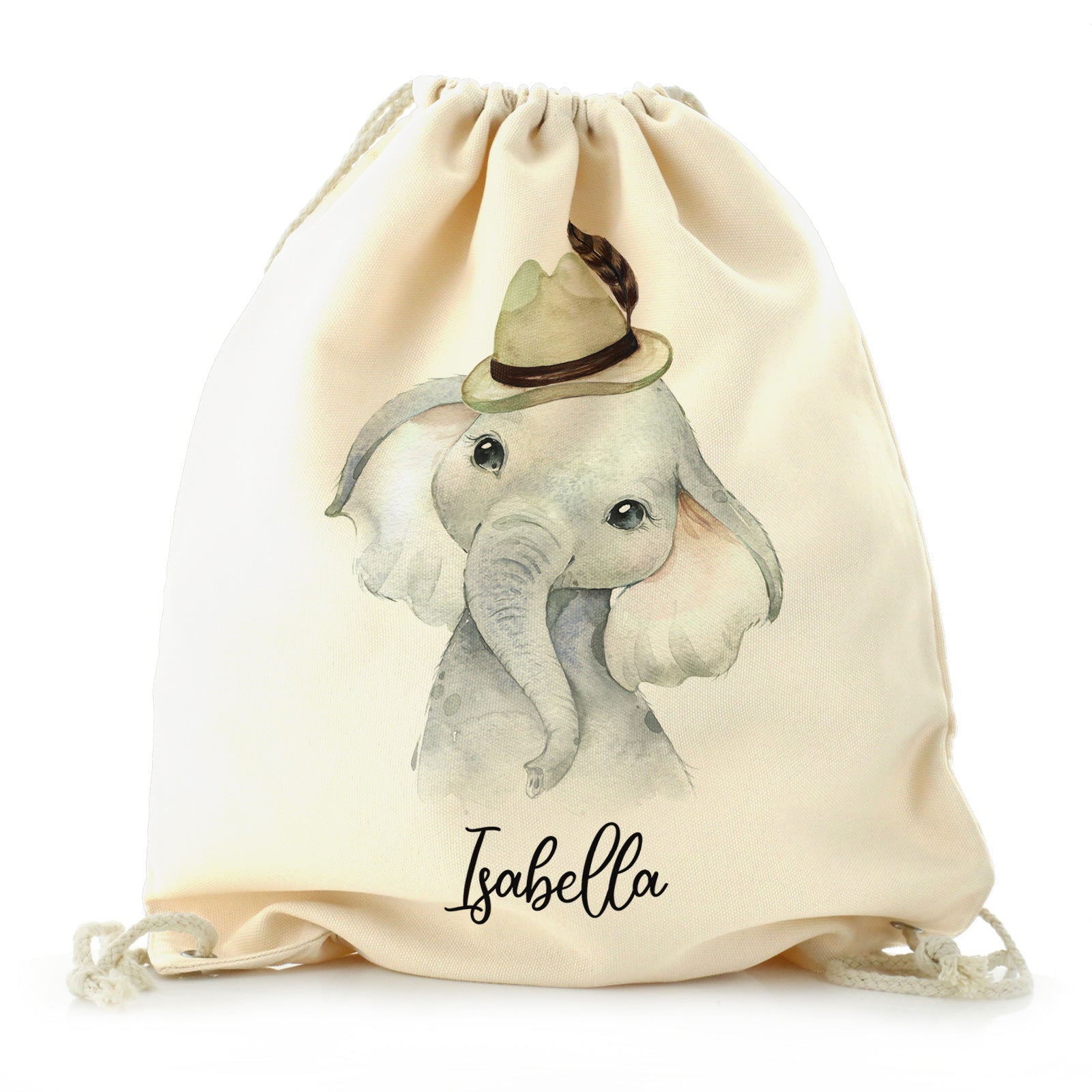 Personalised Canvas Drawstring Backpack with Grey Elephant Feather Hat and Cute Text