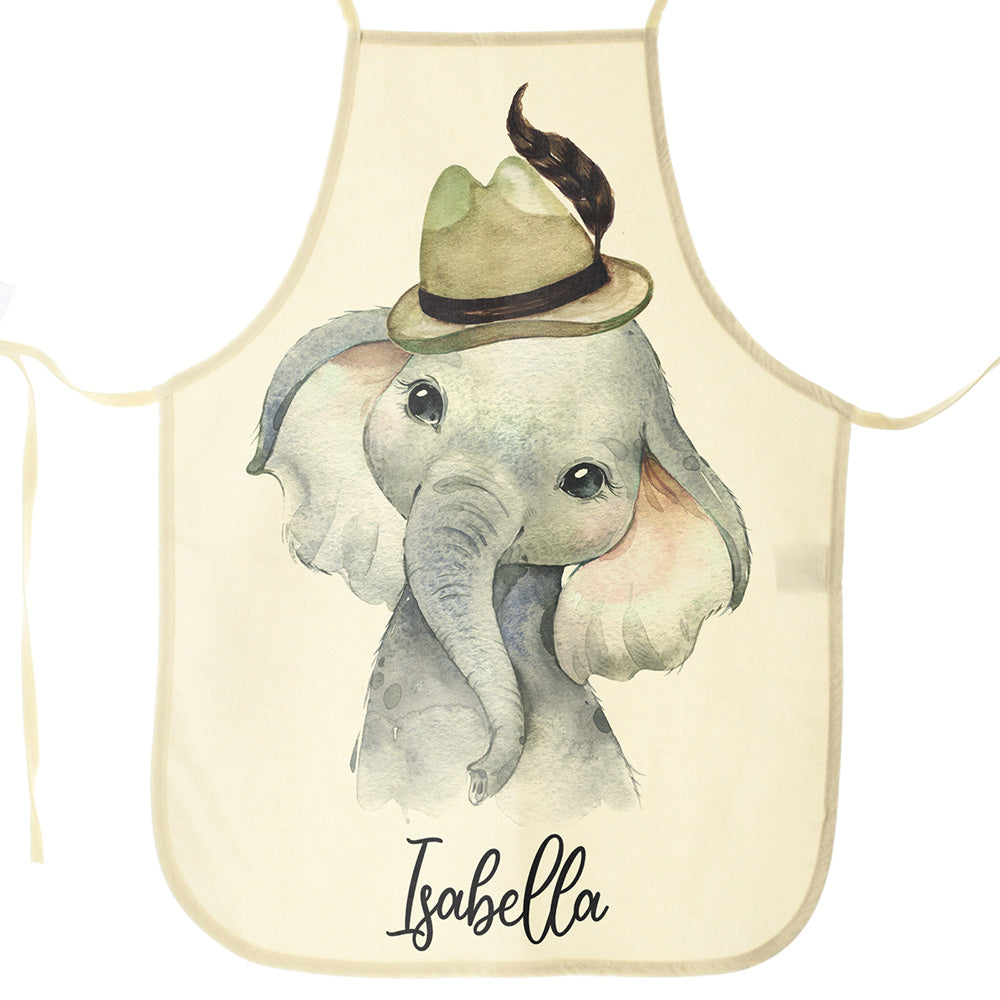 Personalised Canvas Apron with Grey Elephant Hat and Name Design