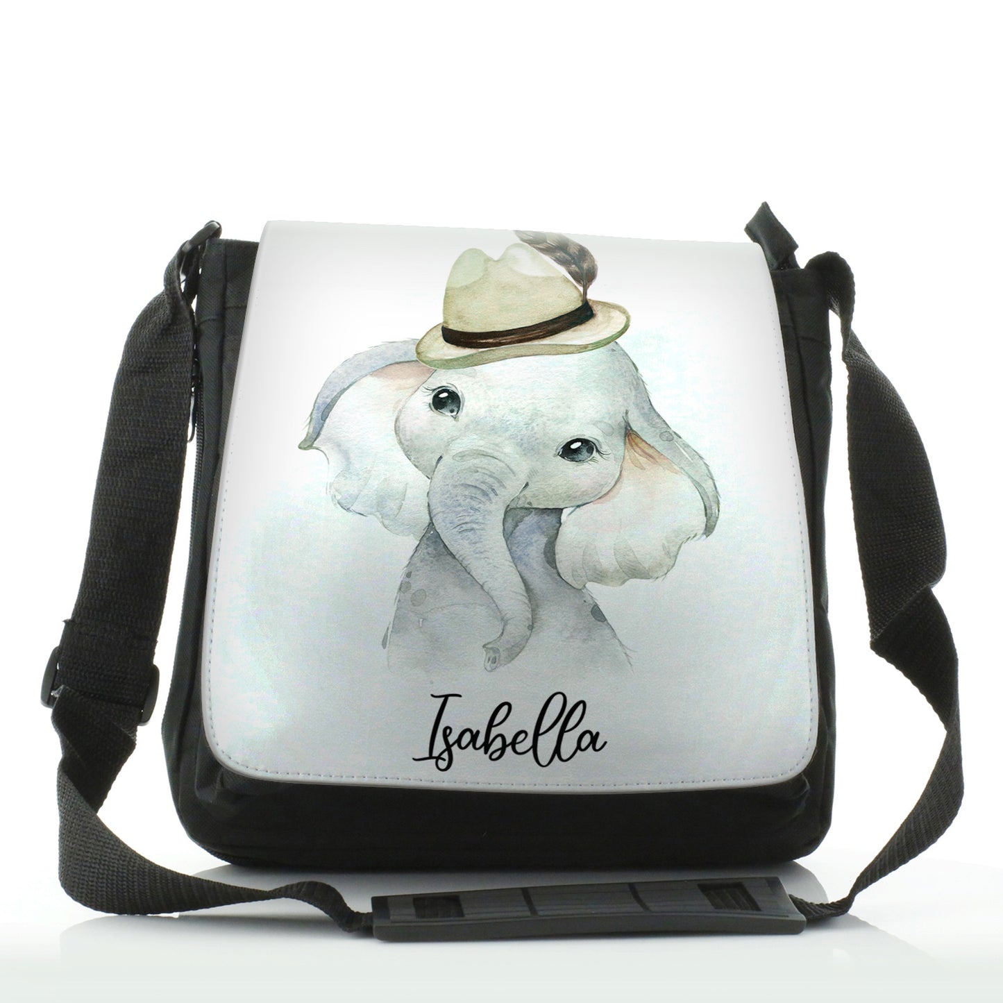 Personalised Shoulder Bag with Grey Elephant Feather Hat and Cute Text