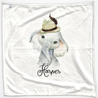 Personalised Grey Elephant Hat and Name Baby Blanket