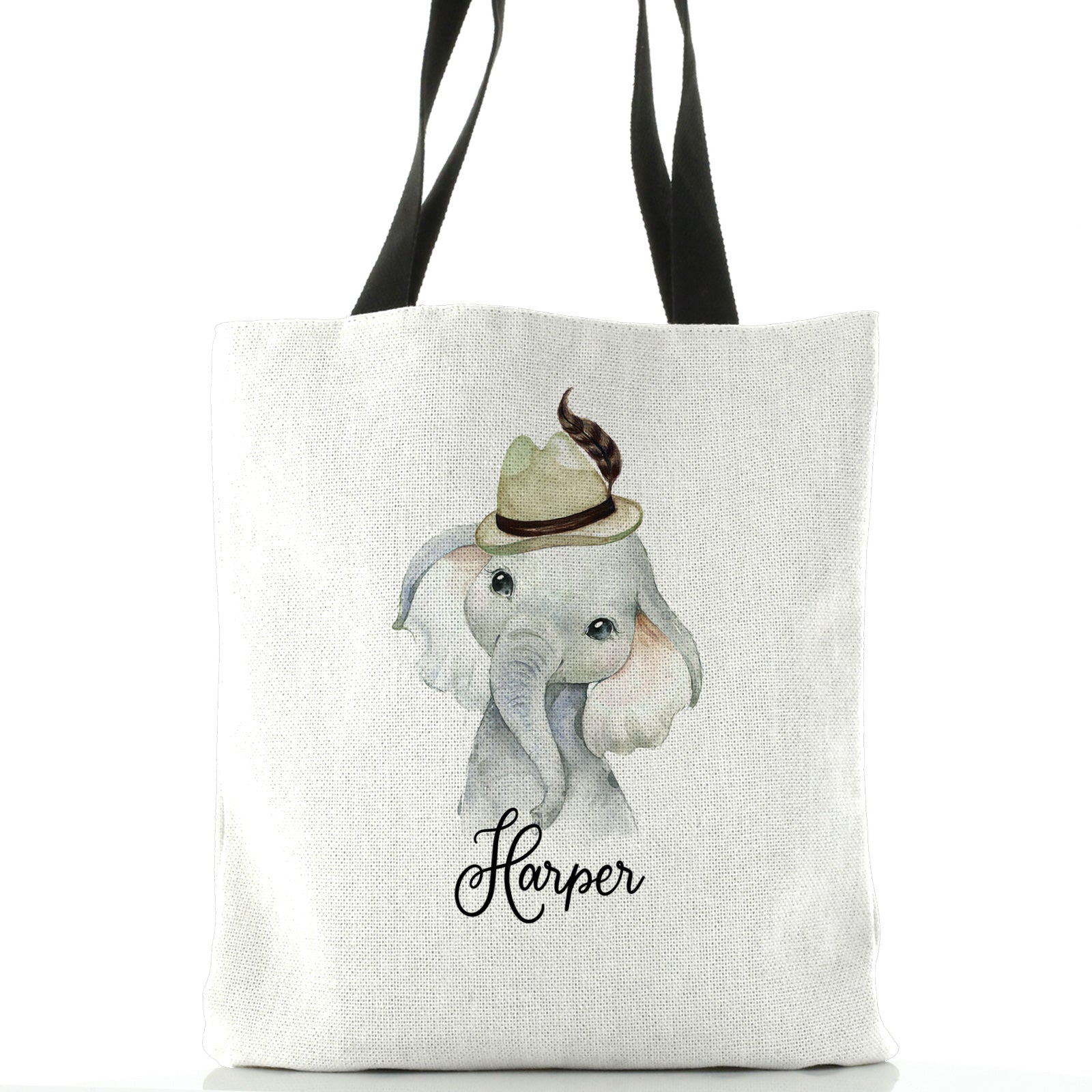 Personalised White Tote Bag with Grey Elephant Feather Hat and Cute Text