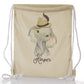 Personalised Glitter Drawstring Backpack with Grey Elephant Feather Hat and Cute Text