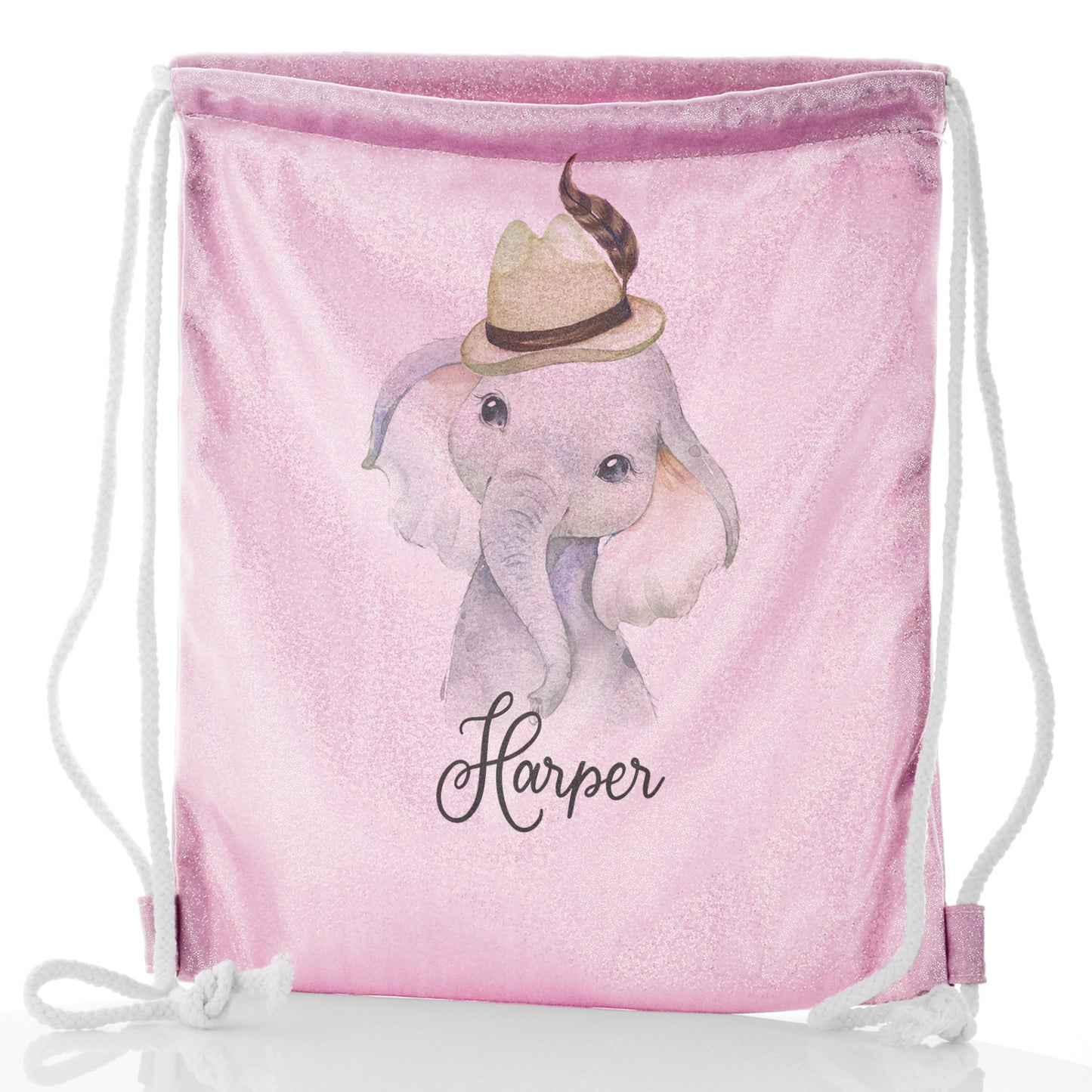 Personalised Glitter Drawstring Backpack with Grey Elephant Feather Hat and Cute Text