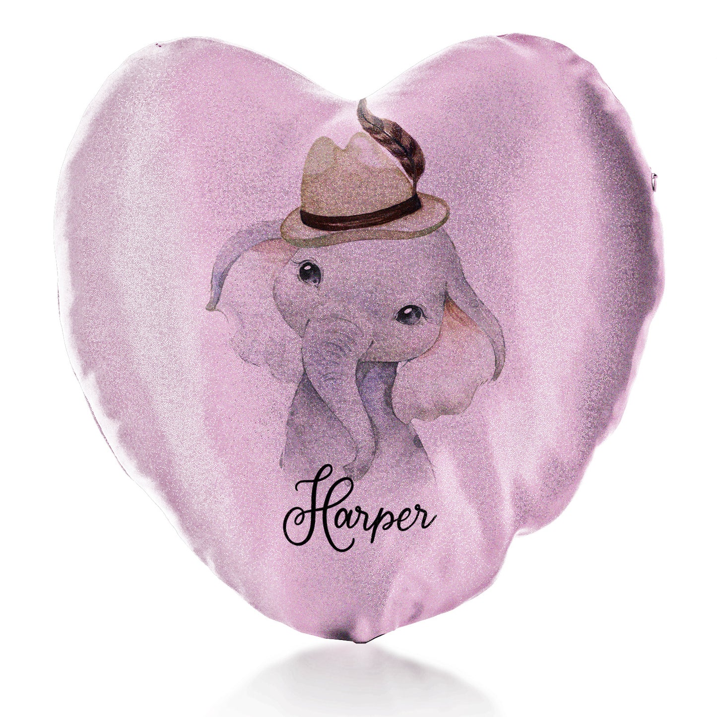 Personalisiertes Glitzer-Herzkissen mit grauem Elefantenfederhut und süßem Text
