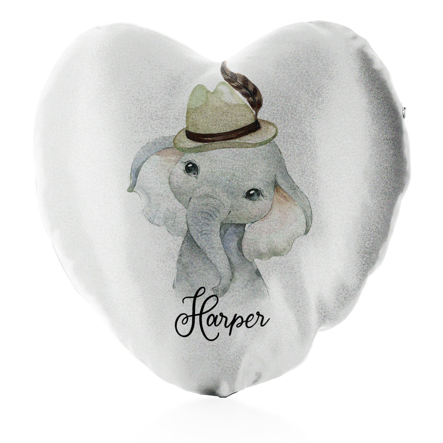 Personalisiertes Glitzer-Herzkissen mit grauem Elefantenfederhut und süßem Text