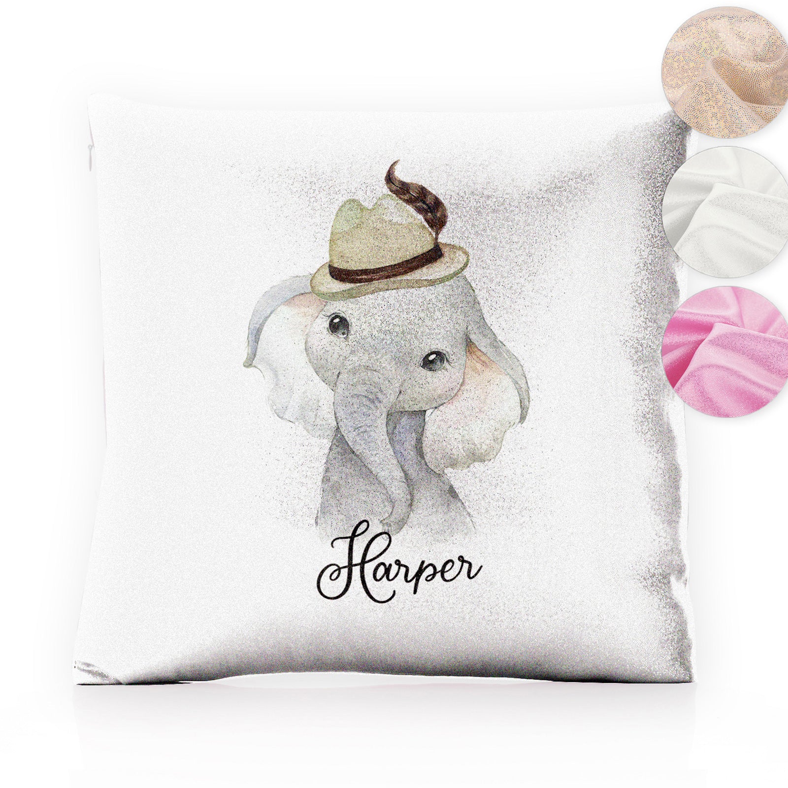 Personalised Glitter Cushion with Grey Elephant Feather Hat and Cute Text