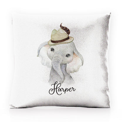 Personalised Glitter Cushion with Grey Elephant Feather Hat and Cute Text