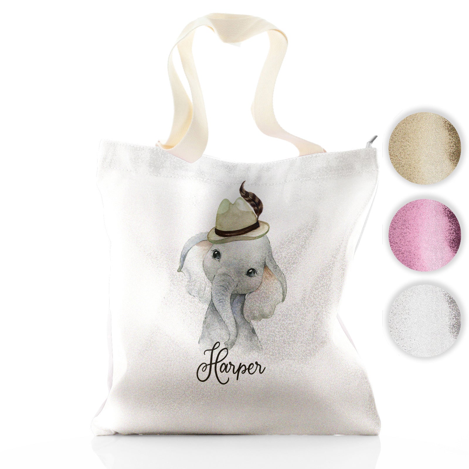 Personalised Glitter Tote Bag with Grey Elephant Feather Hat and Cute Text