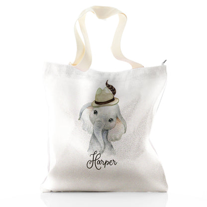 Personalised Glitter Tote Bag with Grey Elephant Feather Hat and Cute Text