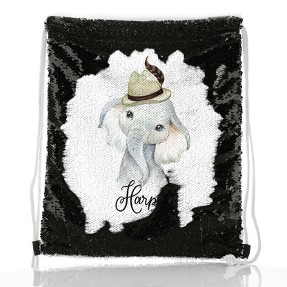 Personalised Sequin Drawstring Backpack with Grey Elephant Feather Hat and Cute Text