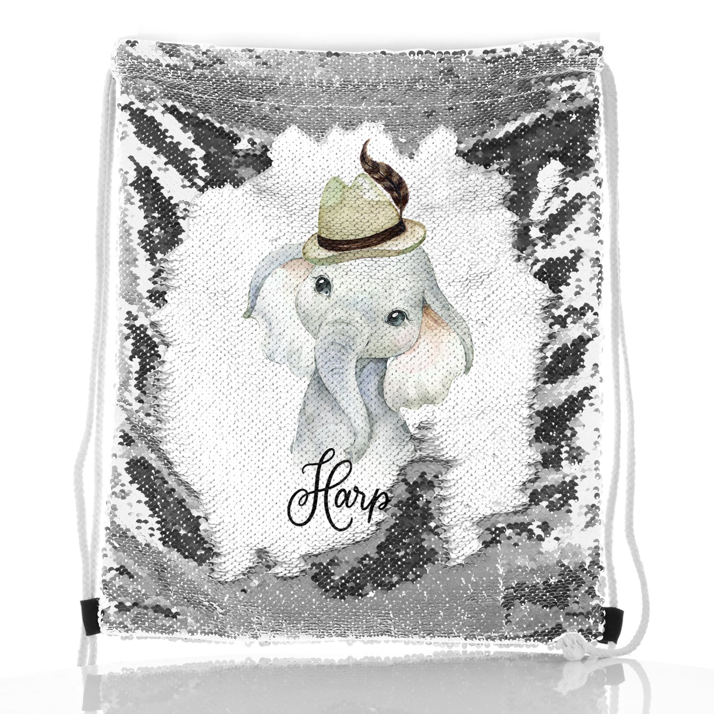 Personalised Sequin Drawstring Backpack with Grey Elephant Feather Hat and Cute Text