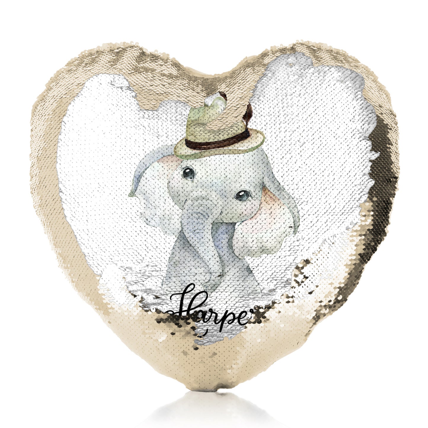 Personalisiertes Pailletten-Herzkissen mit grauem Elefantenfederhut und süßem Text