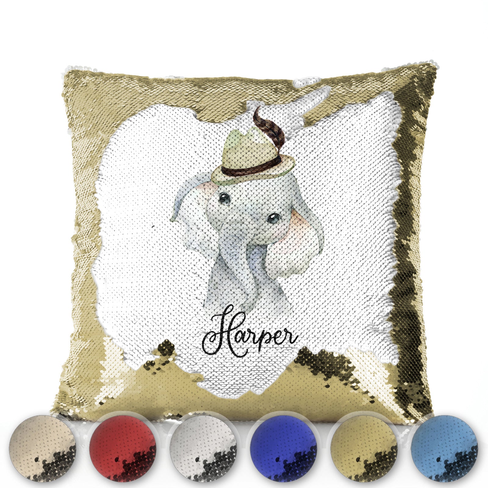 Personalised Sequin Cushion with Grey Elephant Feather Hat and Cute Text