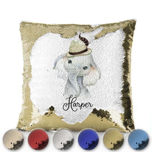 Personalised Sequin Cushion with Grey Elephant Feather Hat and Cute Text