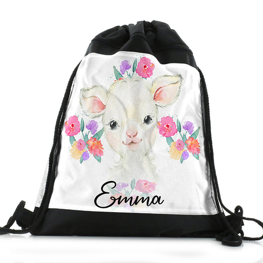 Personalisierter weißer Lamm-Blumen- und Namens-Rucksack mit schwarzem Kordelzug