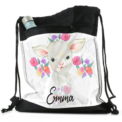 Personalised White Lamb Flowers and Name Black Drawstring Backpack