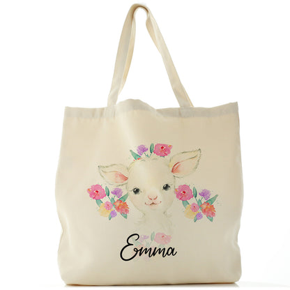 Personalised Canvas Tote Bag with White Lamb Flowers and Cute Text