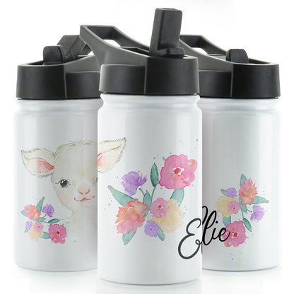 Personalised White Lamb Flowers and Name White Sports Flask