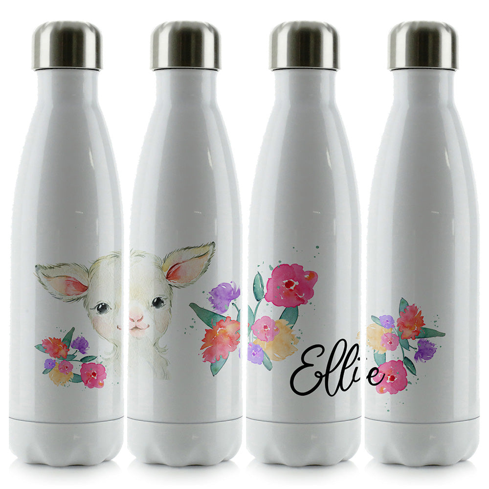 Personalised White Lamb Flowers and Name Cola Bottle