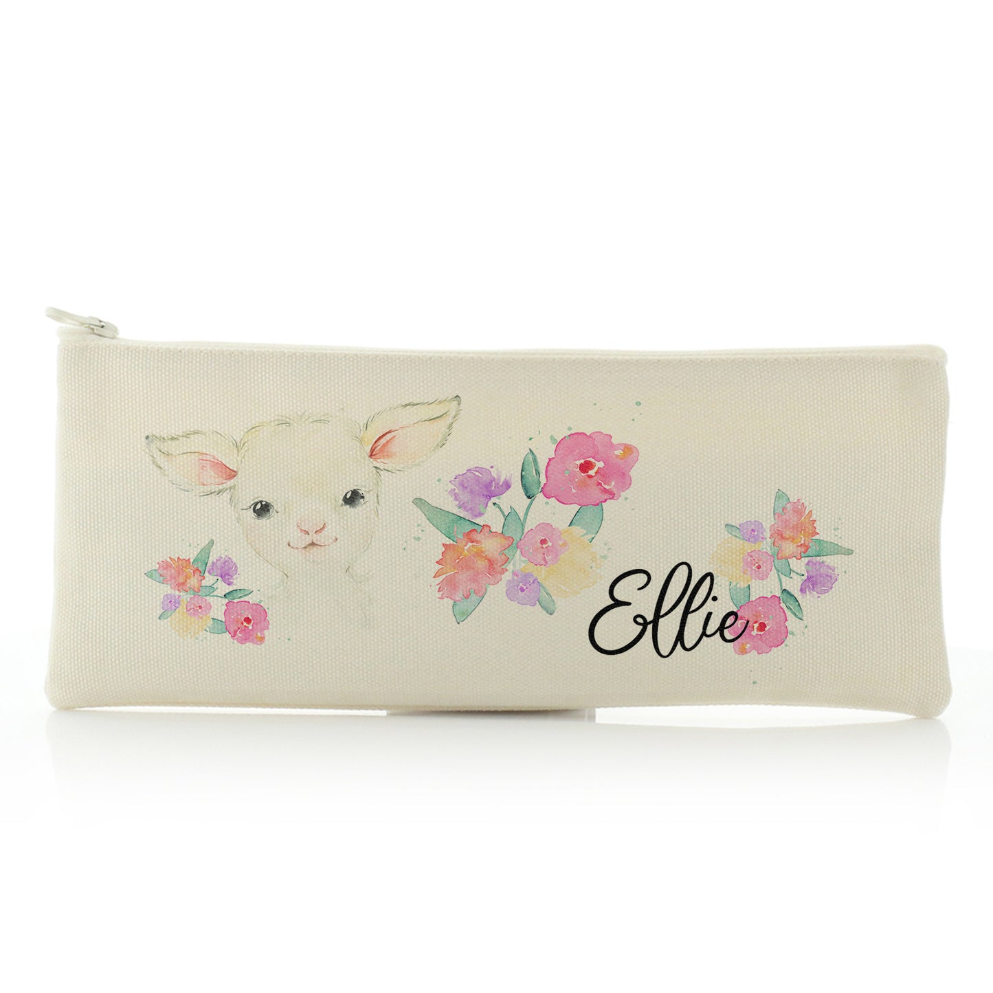 Personalised Canvas Zip Bag with White Lamb Flowers and Cute Text