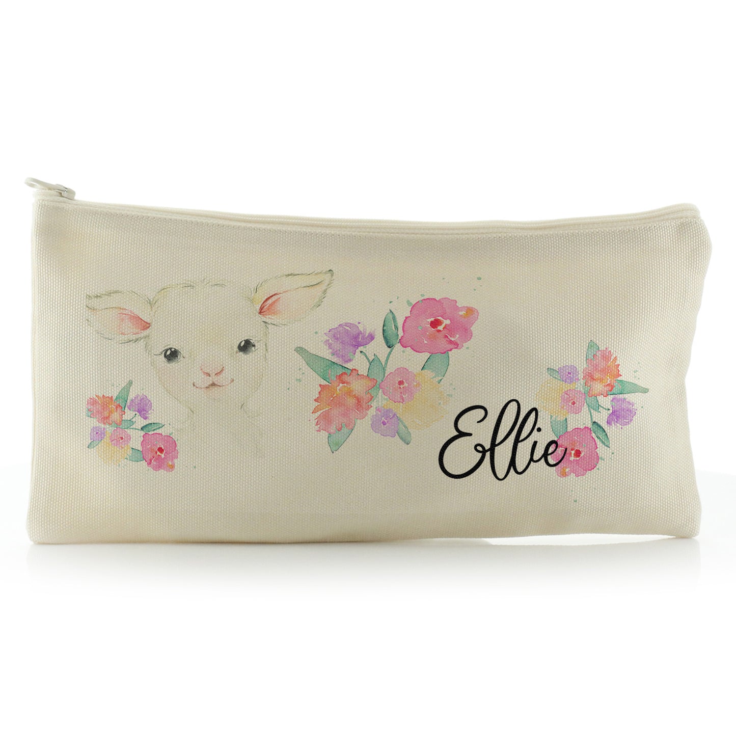 Personalised Canvas Zip Bag with White Lamb Flowers and Cute Text