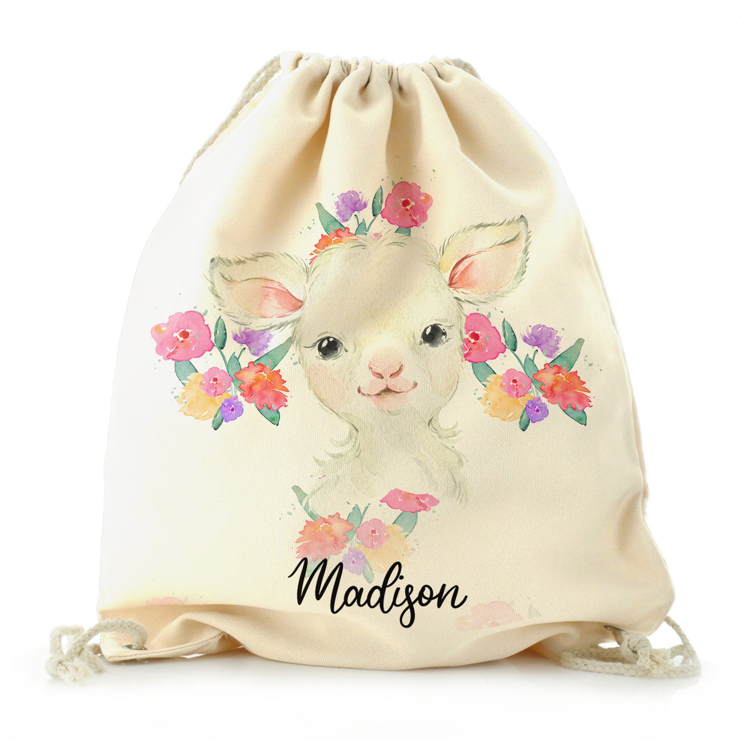 Personalised Canvas Drawstring Backpack with White Lamb Flowers and Cute Text