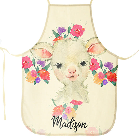 Personalised Canvas Apron with White Lamb Flowers and Name Design
