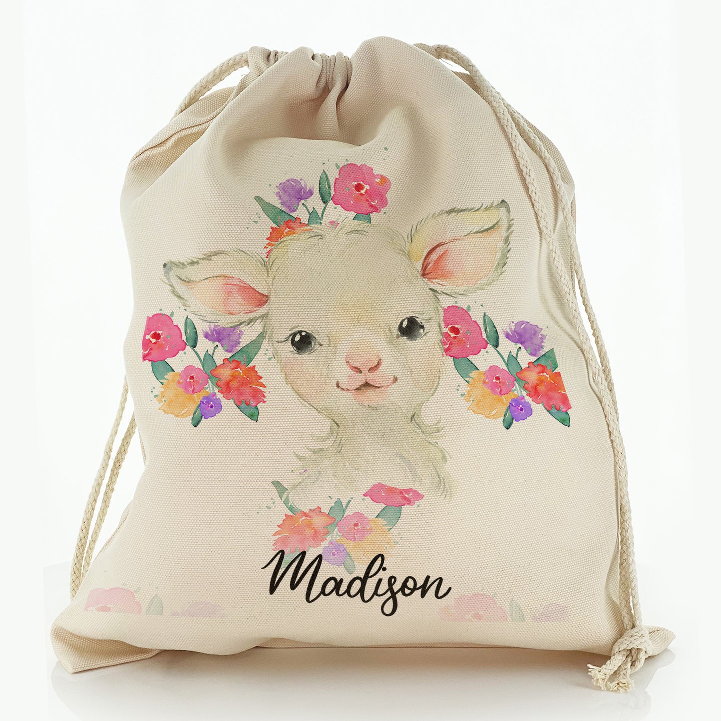 Personalised Canvas Sack with White Lamb Flowers and Cute Text
