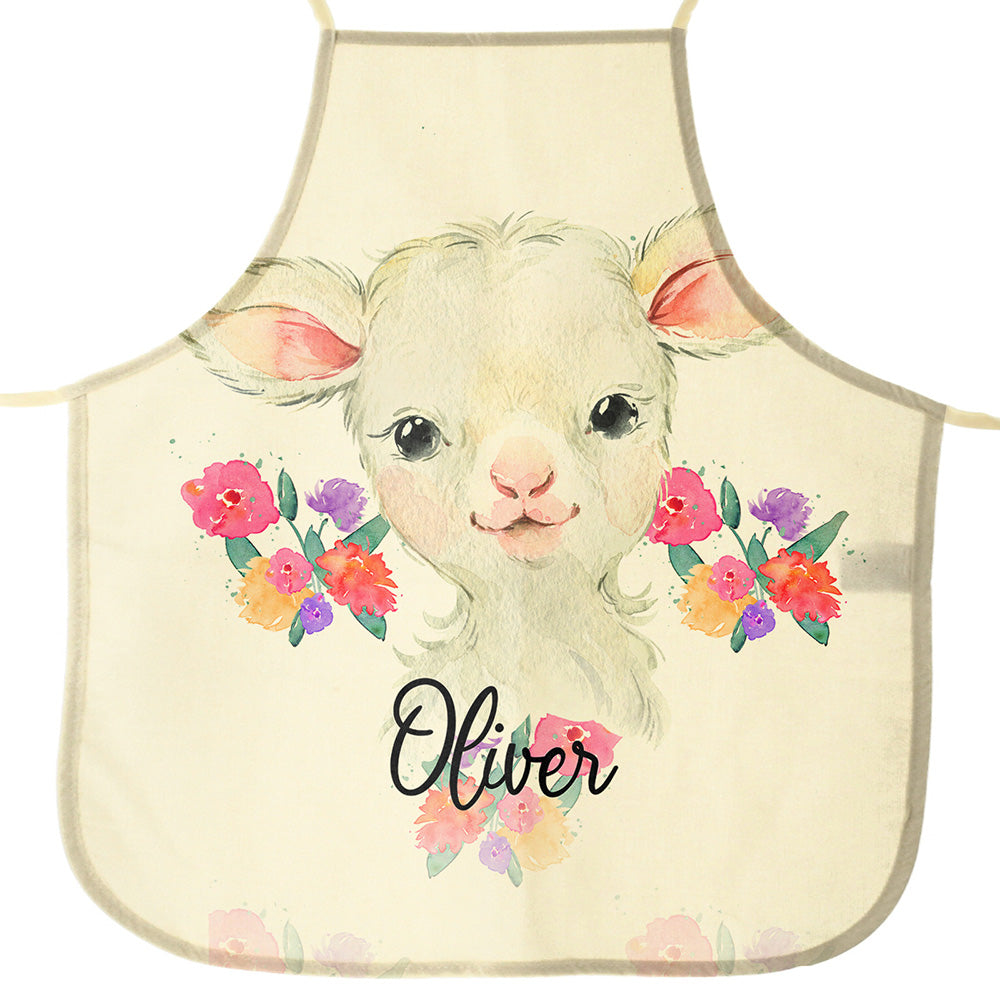 Personalised Canvas Apron with White Lamb Flowers and Name Design