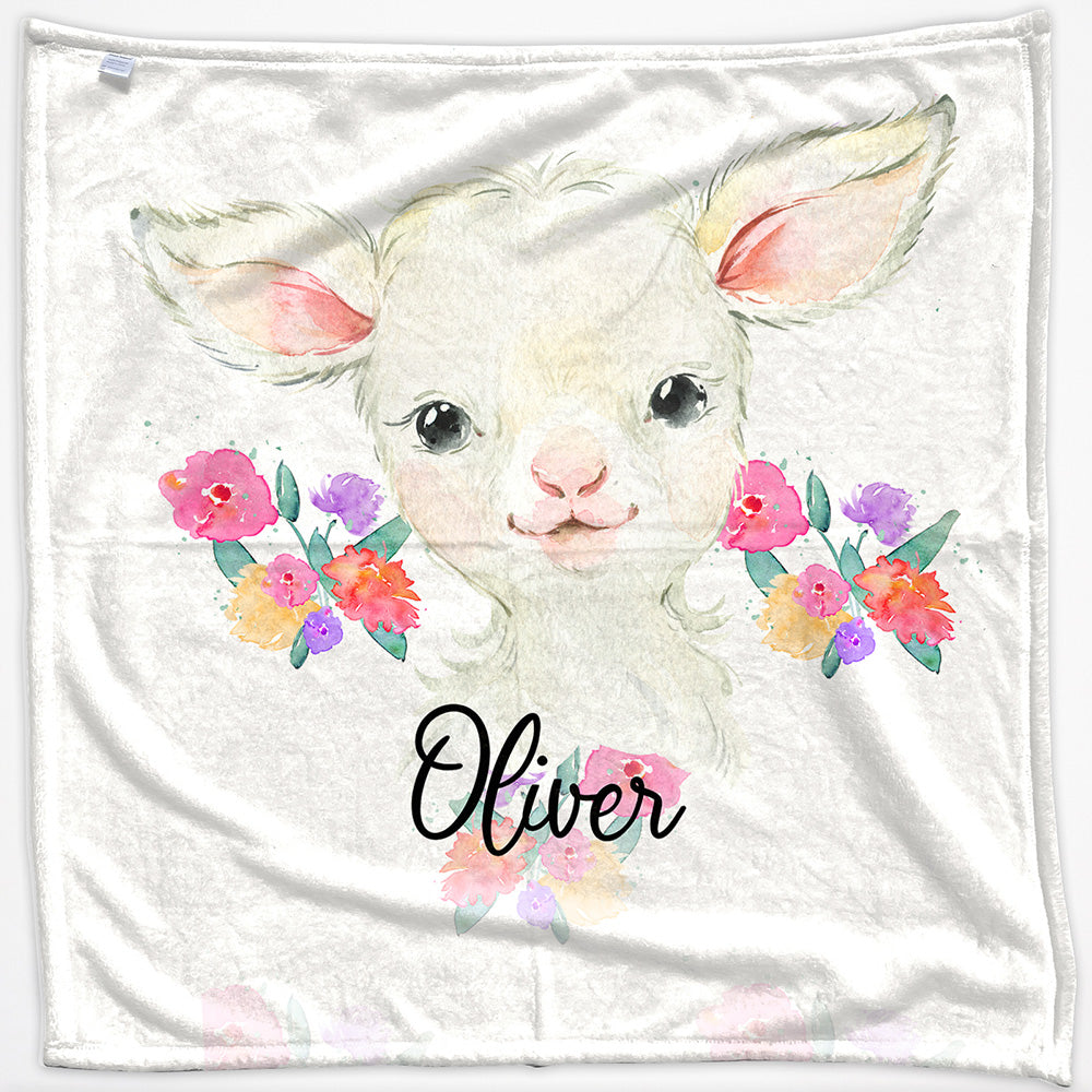 Personalised White Lamb Flowers and Name Baby Blanket