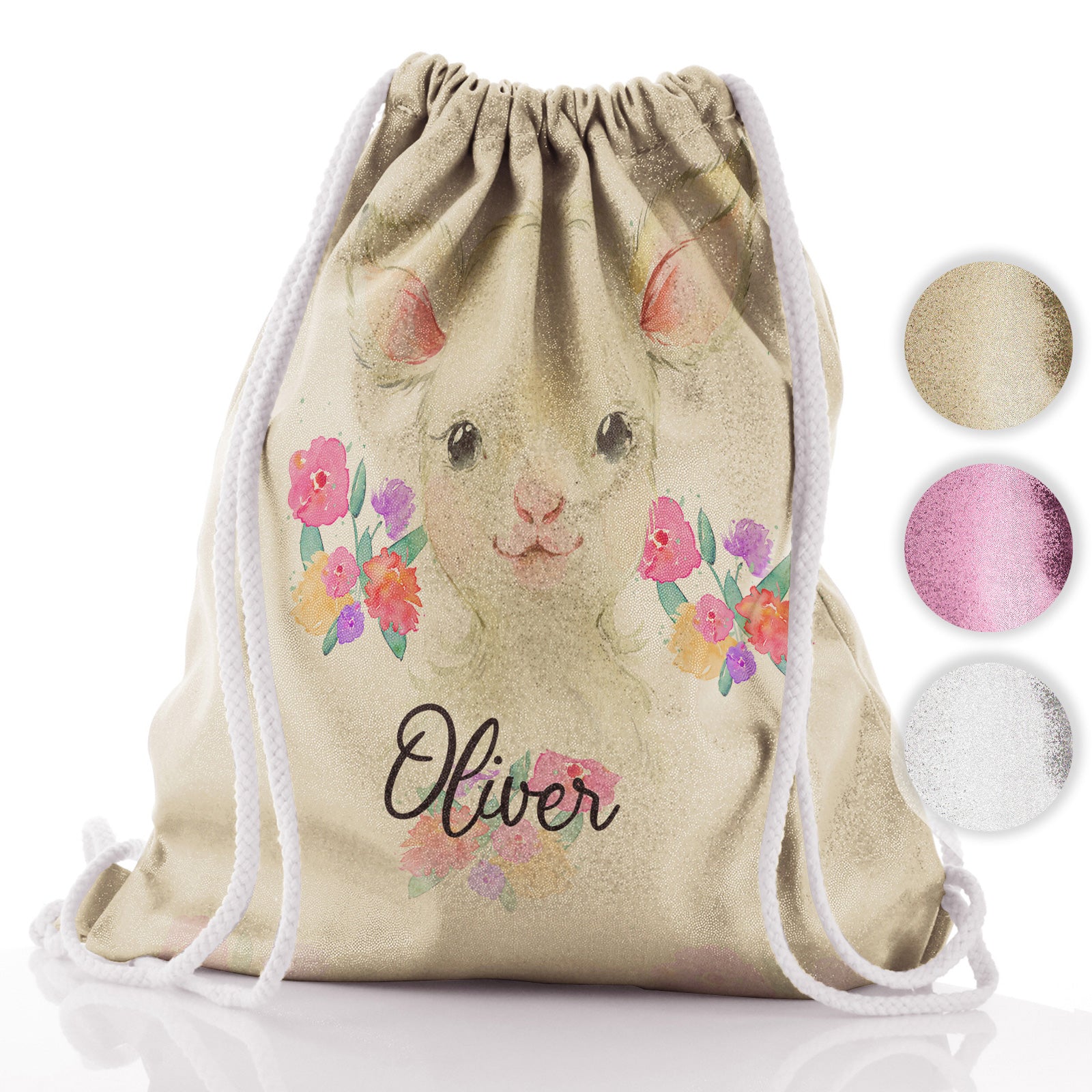Personalised Glitter Drawstring Backpack with White Lamb Flowers and Cute Text