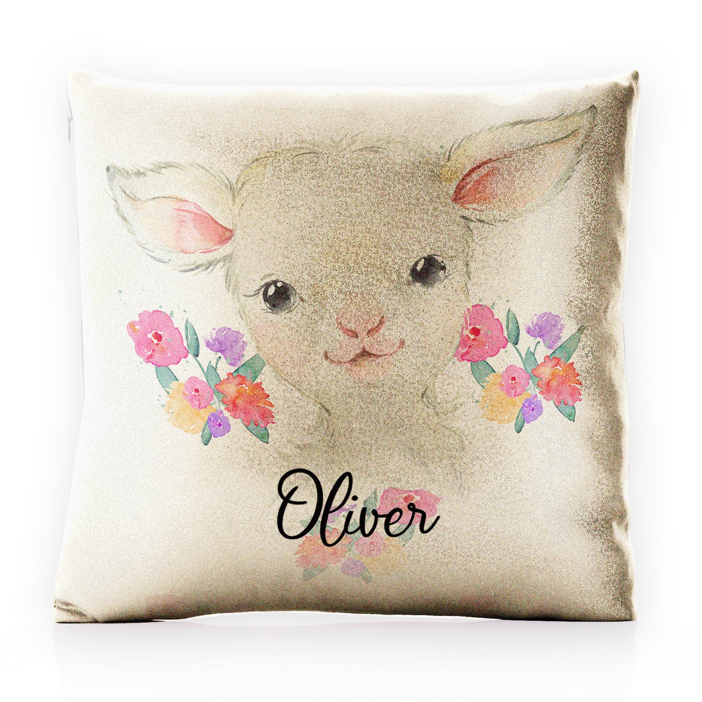 Personalised Glitter Cushion with White Lamb Flowers and Cute Text