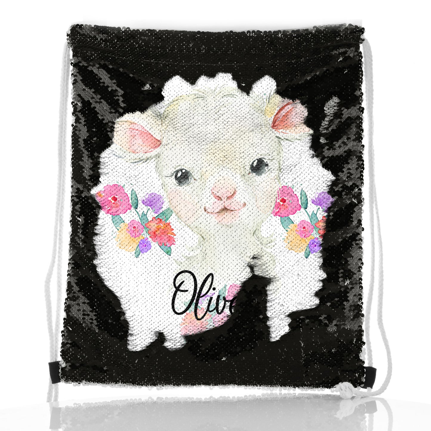 Personalised Sequin Drawstring Backpack with White Lamb Flowers and Cute Text