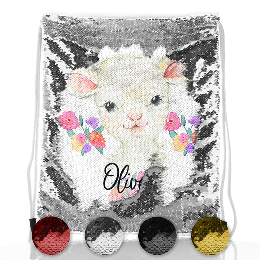 Personalised Sequin Drawstring Backpack with White Lamb Flowers and Cute Text