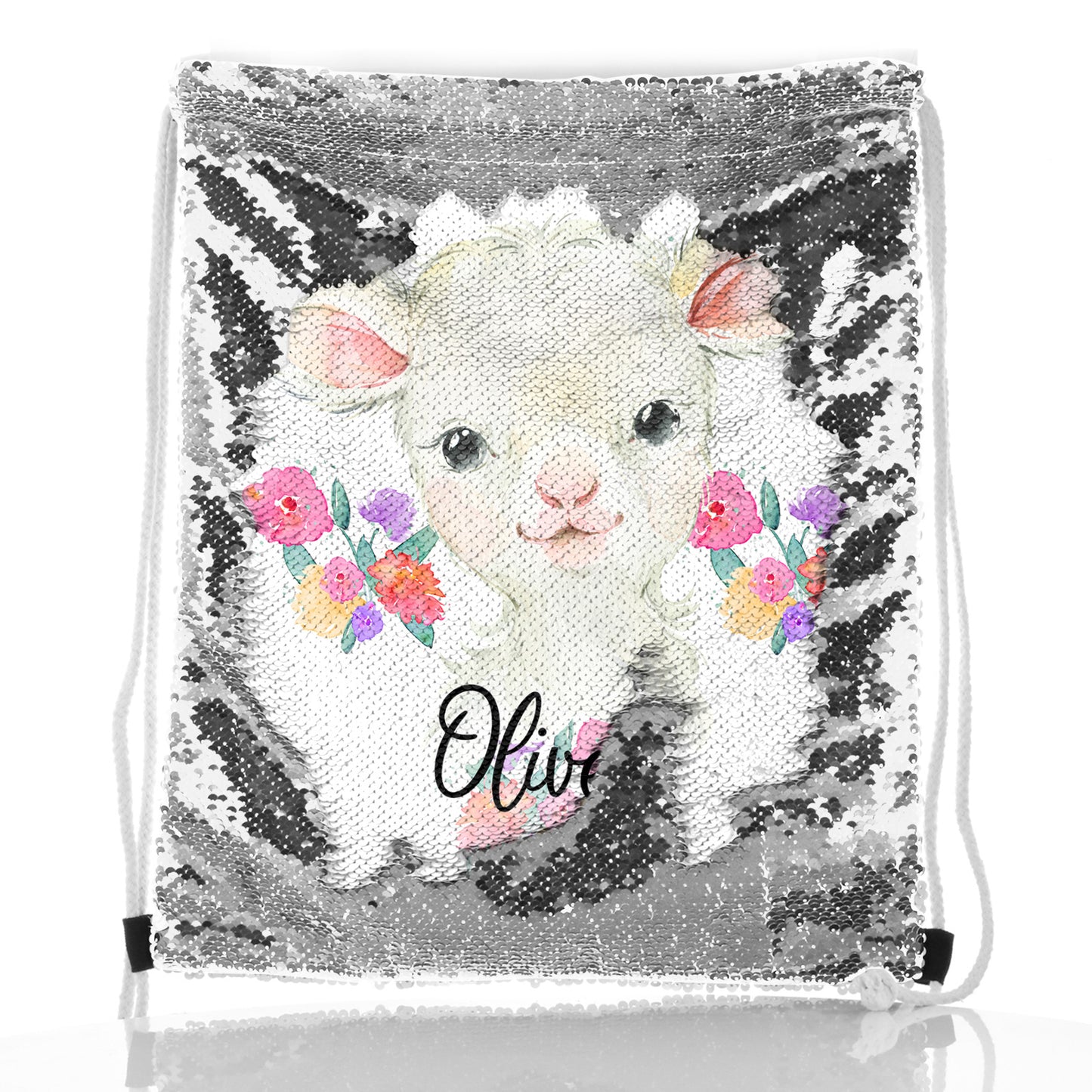 Personalised Sequin Drawstring Backpack with White Lamb Flowers and Cute Text